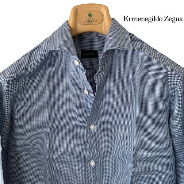 最高峰Ermenegildo Zegna/ハウンドトゥース/コットンリネンシャツ