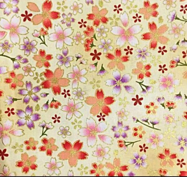生地 ハギレ 布 和柄 小桜 花柄 50cm 金糸プリント ホワイト