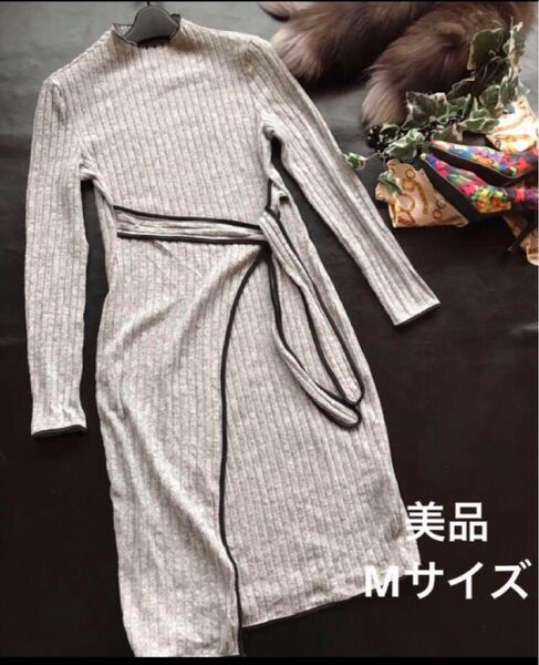 SHEINリボンベルトつきラップ風リブニットワンピース美品