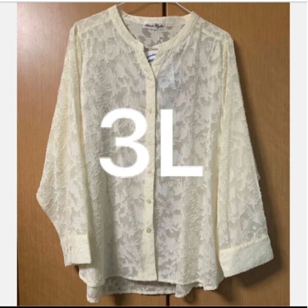 ③・花柄シアーで透け感控えめ大人のすっきりシアーシャツ hinaオフホワイト 3L シャツ ブラウス アイボリー 長袖
