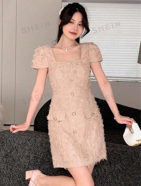 DAZY SHEIN 韓国 ミニワンピース 花柄 バブルスリーブドレス ラウンジ ナイトドレス ツイード お嬢様 高級 高見え
