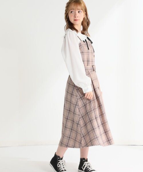 Honeys プリーツ切り替えジャンスカ ベージュ ベルト付き