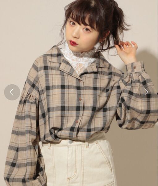 apres jour アソート袖ボリューム開襟シャツ チェックシャツ ベージュ 長袖シャツ 長袖 チェック