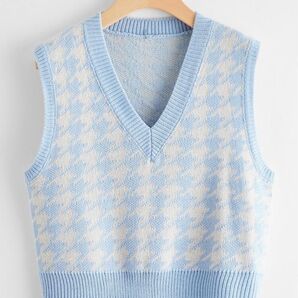 shein 千鳥柄 ニットベスト L Vネック ブルー ホワイト 青 白 ベスト ニット