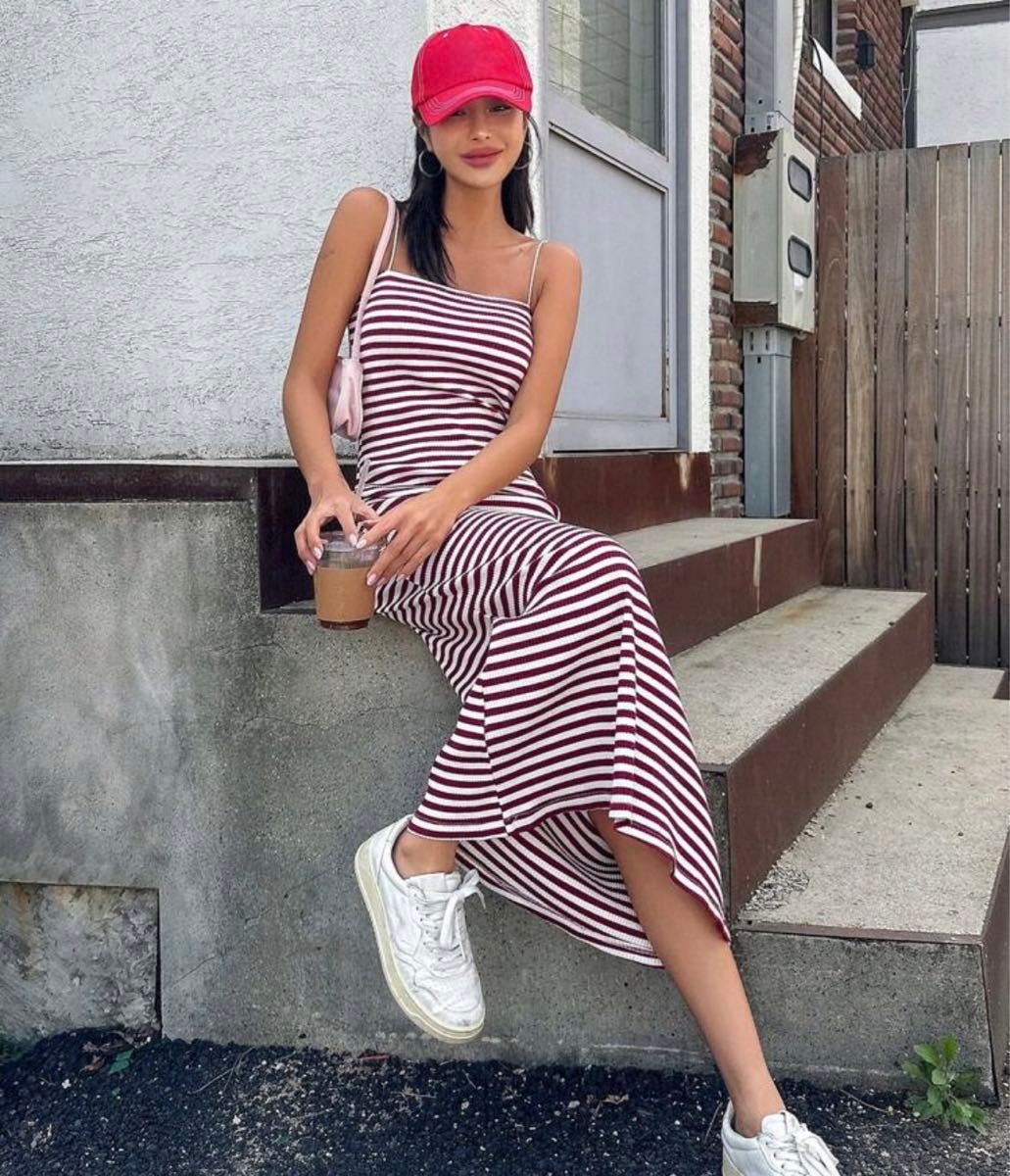 新品　ボーダー　ワンピース　キャミ　レッド　赤　ロングワンピ　リブ