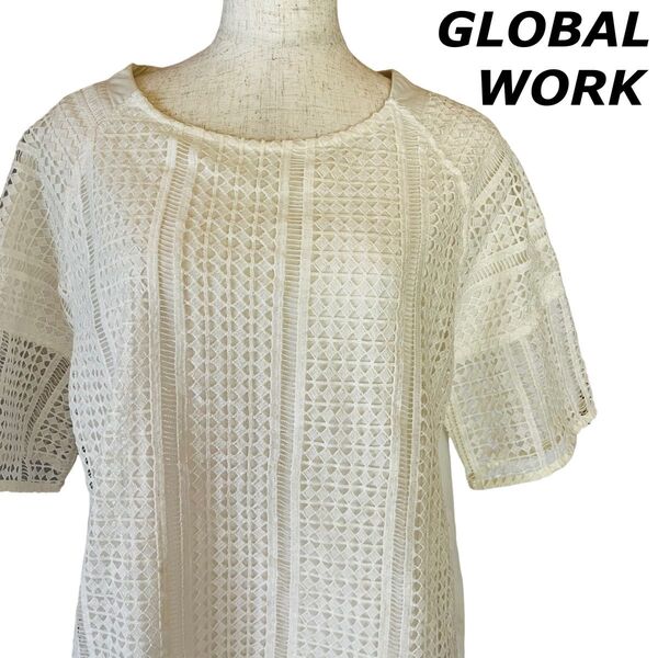 【USED】GLOBAL WORK グローバルワーク / 半袖 カットソー ラグランスリーブ レース ブラウス シャツ 白