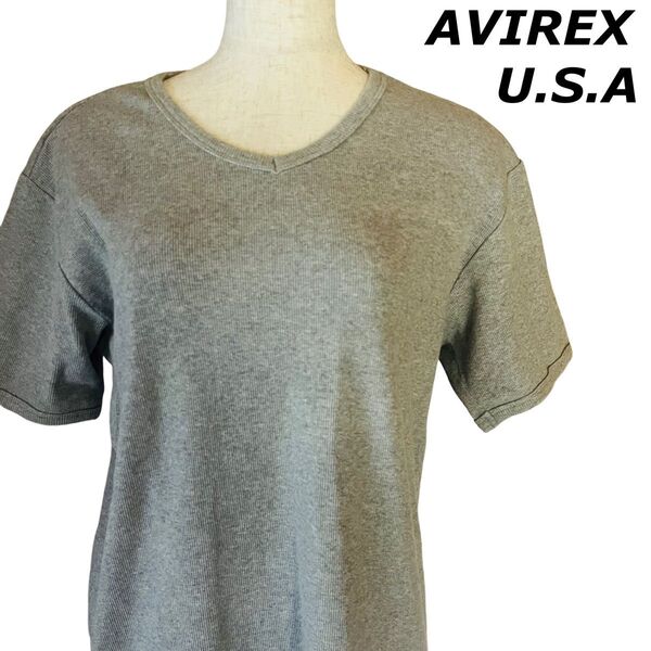 【美品】AVIREX アヴィレックス / 半袖 Tシャツ Vネック 無地 ロゴプリント ワンポイント カットソー グレー