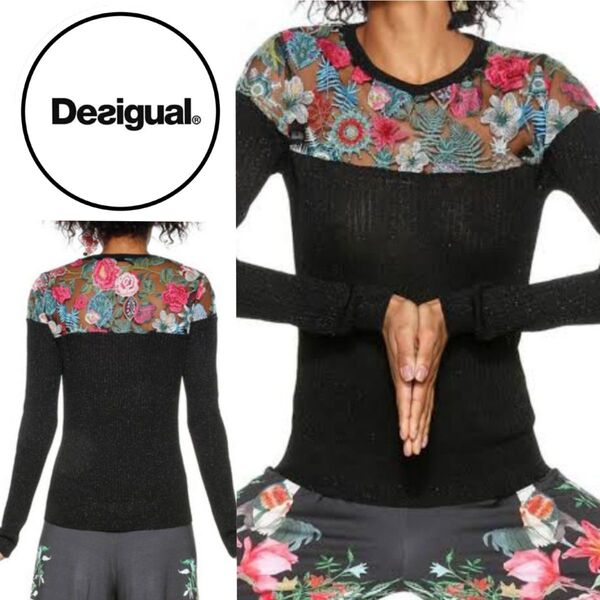 Desigual ☆日本未入荷、希少、レア☆刺繍デザイン リブラメニット トップス 長袖 黒 ニット ブラック