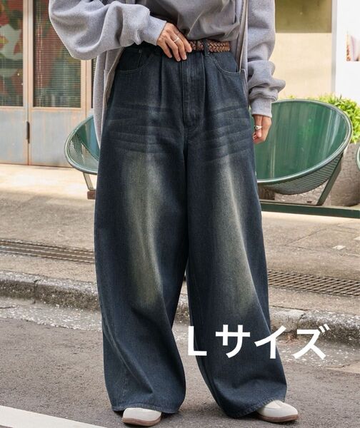 【Lサイズ】ヴィンテージライクオーバーダイワイドフレアデニムパンツ