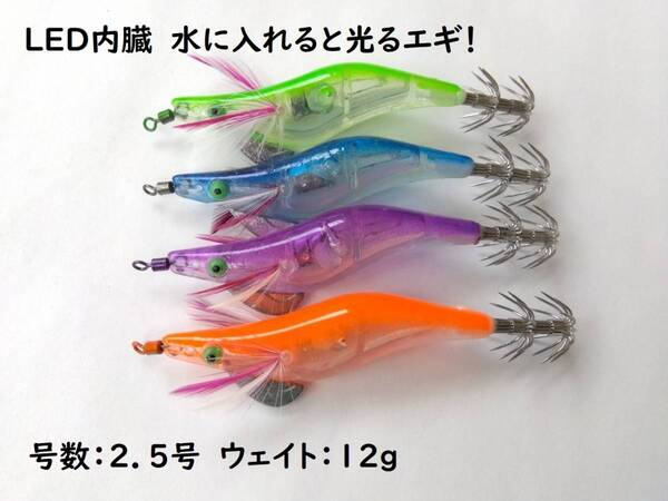 エギ 水に入れると光る LED 4色セット 2.5号 12g 10.5cm ボタン電池 夜光 アオリイカ ヤリイカ タコ マイカ スッテ カンナ