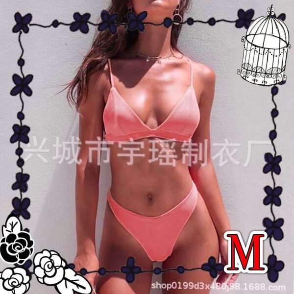 M ピンク ビキニ 海 プール 夏 セクシー シンプル 韓国 ビーチ 水着 ハイレグ 映え レディース ホック パッド シンプル