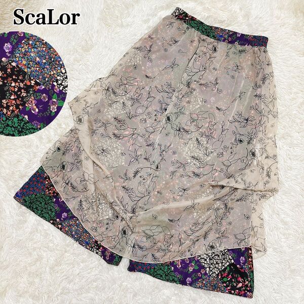 【美品】スカラー チュールスカート風 ワイドパンツ ガウチョパンツ 花柄 総柄
