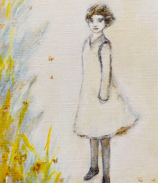 絵画 真作 アート 現代絵画 art portrait 人物画 女性像 イラスト インテリア かわいい 綺麗 蝶 花 ゴールド