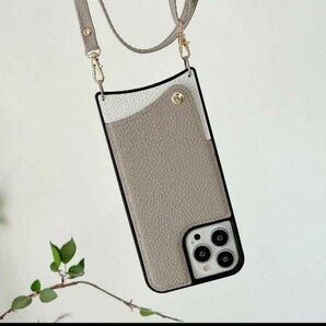 iPhone 13ProMax 用ケース スマホストラップ付きグレー