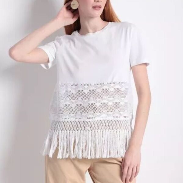 【美品】ZARAザラ★今期人気完売!クロシェット半袖カットソー/レースTシャツ/フリンジチュニック★ホワイト白S