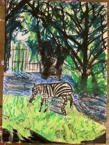 Art hand Auction Artist hiro C original zebra, artwork, painting, pastel painting, crayon drawing