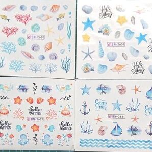 443《ネイルシール》 4枚セット 海洋 魚 貝 ヒトデ 船 クラゲ 等々 水でシールを剥がすタイプ 簡単 付け爪 セルフネイル
