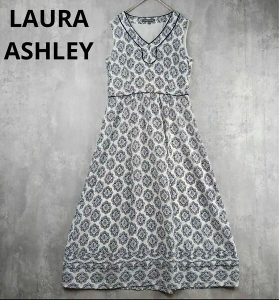 LAURA ASHLEY ローラアシュレイ ワンピース 花柄 ネイビー 白 ノースリーブ