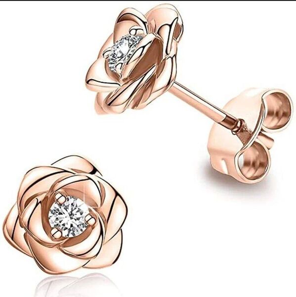 CZダイヤ キュービックジルコニア 薔薇 ピアス バラ ピンクゴールド