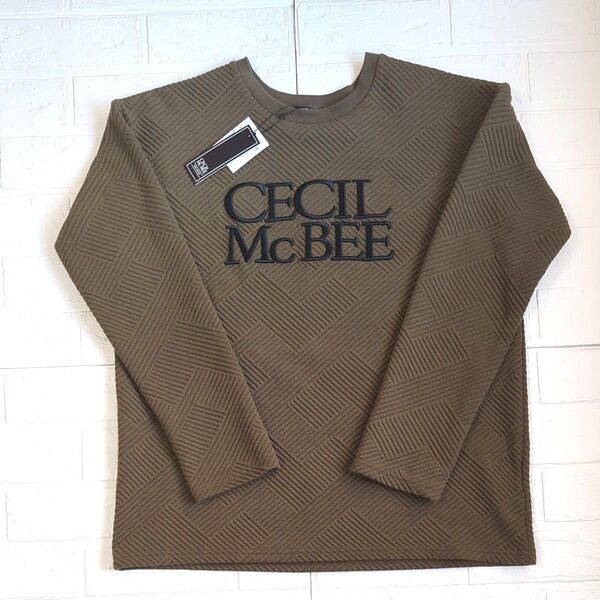 【新品】タグつき CECIL McBEE セシルマクビー 毛羽長袖トップス サイズМ カーキ ななめストライプ柄 ロング丈ゆったり