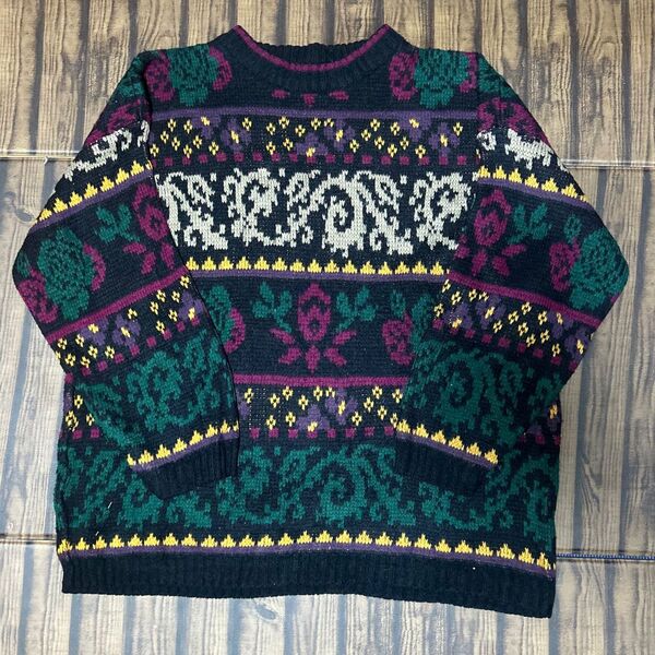 90s ヴィンテージ 長袖 古着 ニット Margules アクリルニットセーター 花柄 L 総柄 アメカジ