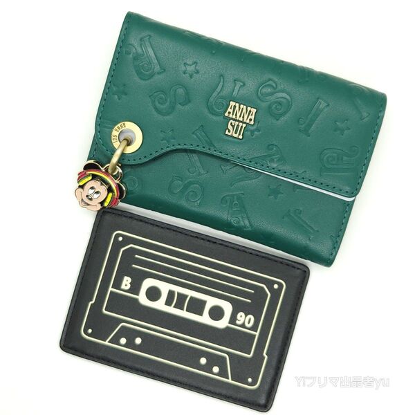 新品 ANNA SUI ディズニー DISCO! マルチケース パスケース 財布 グリーン ミッキー コラボ 未使用 アナスイ