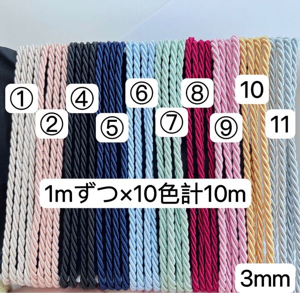 お試しセット ツイストコード 1mずつ×10色計10m ツイストコード 3mm ツイスト紐 組紐 アレンジ紐