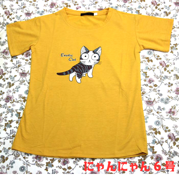 ◆猫が好き◆送料無料★猫Tシャツ にゃんにゃん6号 Exotic Cat かわいいイラスト 見返り大目玉ネコ 芥子色 サイズ:L
