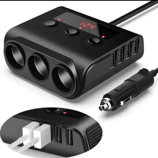 シガーソケット3連 4ポート付き USB充電器急速充電搭載 取り替えヒューズ付き