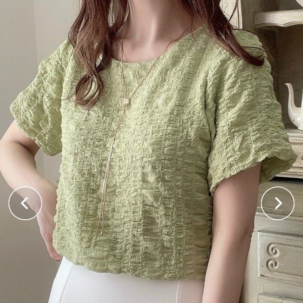 Ada ぽこぽこ シャーリング 半袖トップス 半袖ブラウス グリーン