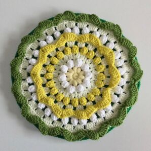 花円座 パプコーン 手編み 座布団 アクリル毛糸 イエロー