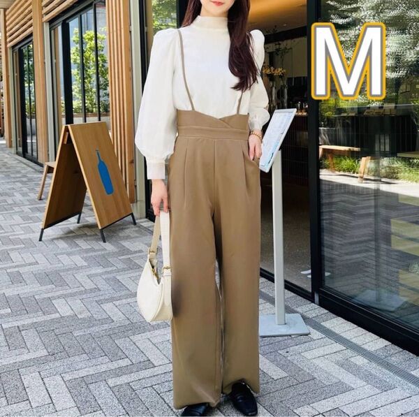 残り1点【M】ハイウエストキャミパンツ ロンパース 肩紐長さ調節可 脚長効果 スタイル ベージュ サロペット レディース
