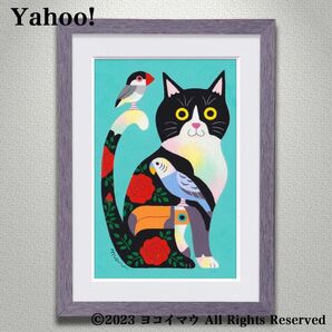 原画「猫と小鳥のポップアート 青緑」イラスト/アート/絵画/セキセイインコ/文鳥/オニオオハシ