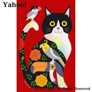 原画「ハチワレ猫と小鳥のポップアート」イラスト/アート/絵画/オカメインコ/文鳥/オニオオハシ