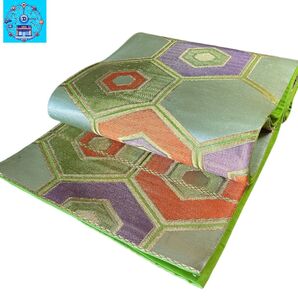 六通柄袋帯 亀甲紋様 グリーン系 振袖 訪問着 礼装 フォーマル リメイク