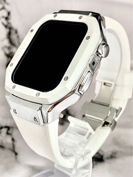 ZS☆アップルウォッチバンド ラバーベルト Apple Watch ステンレスケース カバー 44mm 45mm メタル