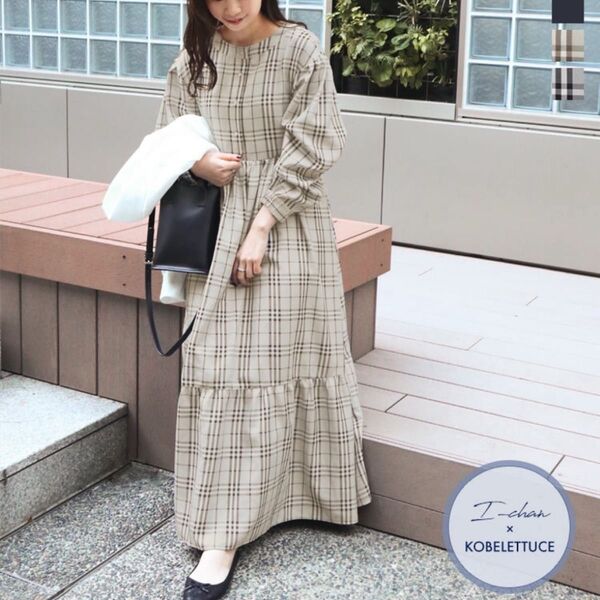 神戸レタス いーちゃんコラボ 前後2WAYティアードワンピース ロング丈 無地 ゆったり 秋冬 チェック柄グレージュ ミディアム
