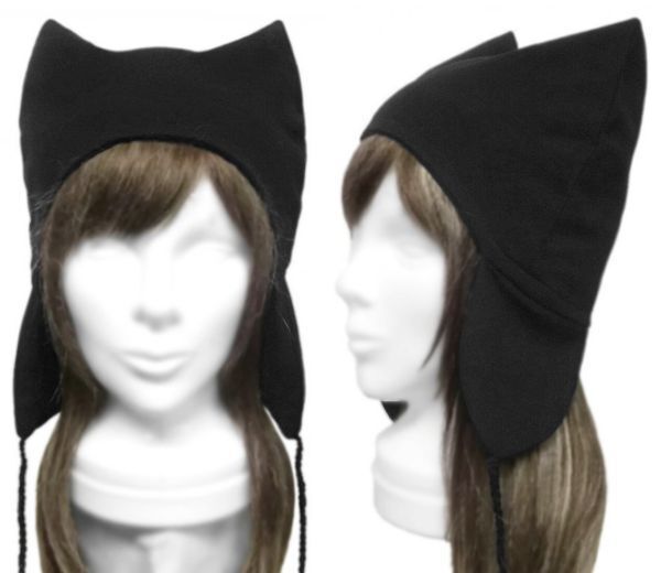 ◇送料無料◇ ハンドメイド◆シンプル 耳あて付猫耳帽子◆コットンニット/ブラック ◇長いシーズン着用◇