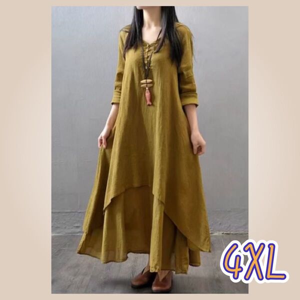 ロング 切替 ワンピース リネン調 長袖 4XL マスタード ゆったり マタニティ