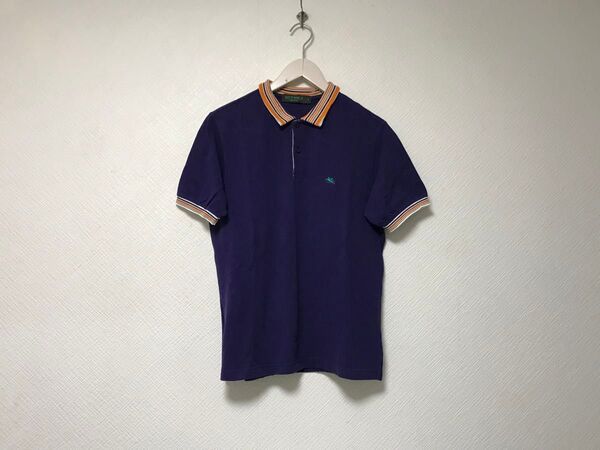 本物エトロETROコットンロゴ刺繍半袖ポロシャツメンズサーフアメカジミリタリーワークビジネススーツゴルフS紺ネイビーイタリア製