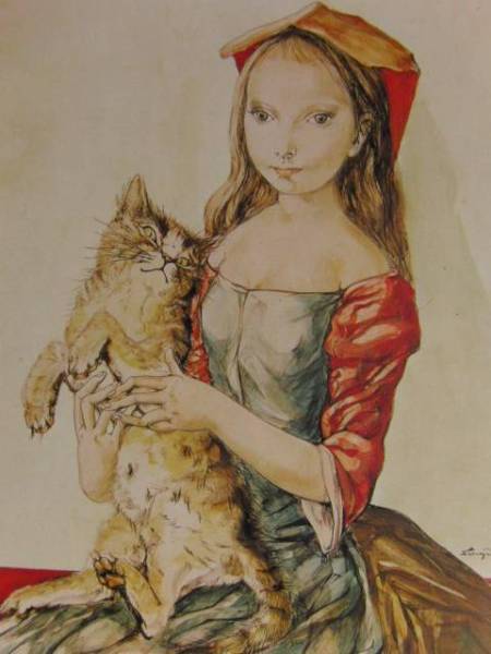Tsuguharu Foujita [Mädchen hält eine Katze] Seltene Kunstbuchillustration, In guter Kondition, Beliebter Autor, Porträts, Katze, Nagelneu mit hochwertigem Rahmen, Kostenloser Versand, Kunstwerk, Malerei, Porträts