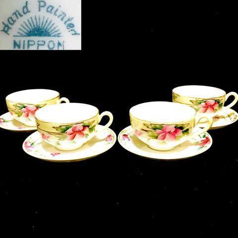 美品!里帰りオールドノリタケ 金盛上げ カップ&ソーサー4客