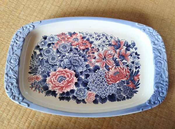 花柄 陶器製 長方形皿 約45cm x 29cm