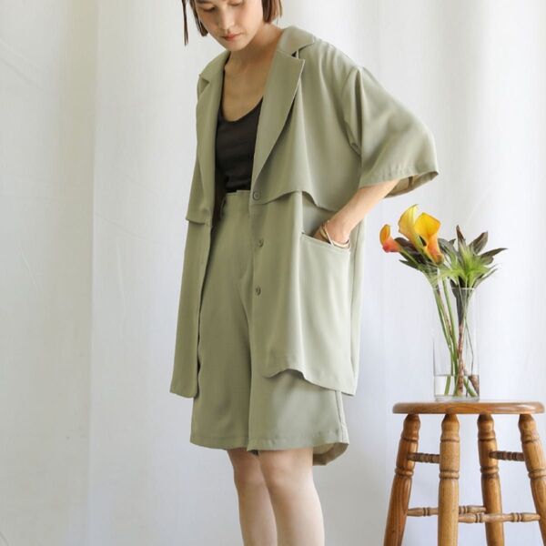 selectMOCA セレクトモカ ジョーゼットテーラードセットアップ カーキ 夏服 半袖 シャツ 半ズボン セットアップ