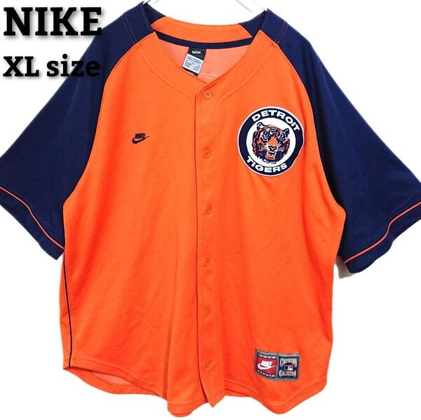 【良品】NIKE ナイキ MLB デトロイトタイガース ノーカラー ニット ベースボールシャツ オレンジ メンズ XLサイズ