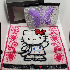 ANNASUI ハローキティ コラボ ポーチ ハンカチ セット ギフトボックス付 バタフライ パープル サンリオ アナスイ