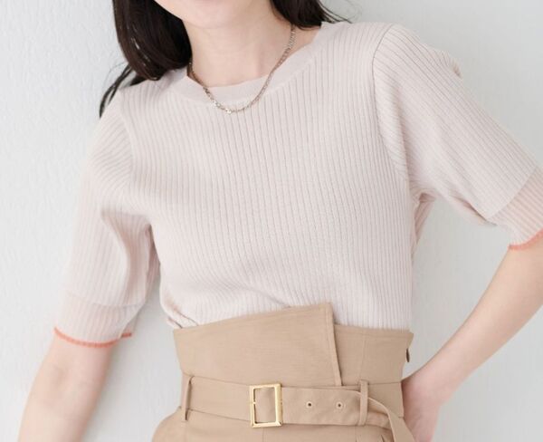 【natural couture】袖口シアー強撚リブニット ニット