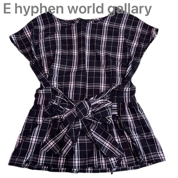 E hyphen world gallery シャツ ブラウス レディース フレンチスリーブ 半袖 黒 チェック柄 フリーサイズ