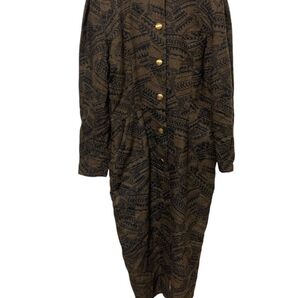 イデアミラノ ブラウン レトロ ロング ワンピース 金 ボタン 大人 シック 長袖 黒 ブラウン 茶