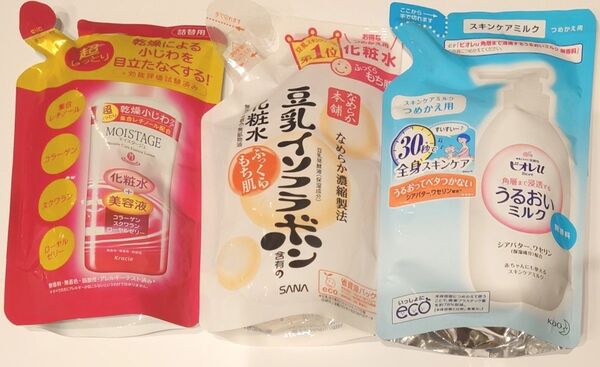 モイスタージュ化粧水+美容液 詰替用 豆乳イソフラボン化粧水 詰替用 ビオレu うるおいミルク 乳液 詰替用 以上3本セット